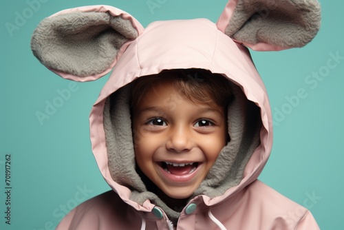 cute joyful child in easter bunny costume laughs