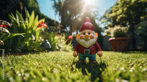 Cute little garden gnome surrounded by flowers and grass against the background of sunlight