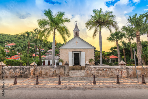 Anglican church in Gustavia, Saint Barthelemy at sunset.