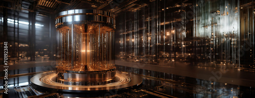 Quantum Computing Core in a High-Tech Facility. Futuristic quantum computer core glowing within a sophisticated high-tech environment