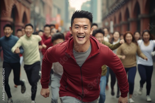 happy asian man running on the background of a crowd of people