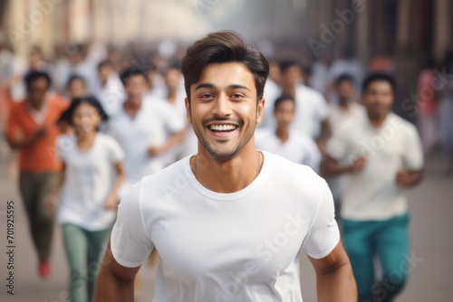 happy indian man running on the background of a crowd of people