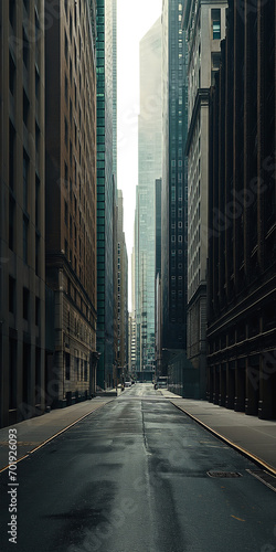 Empty city street with tall skyscrapers on both sides. Early morning sun rays. Wet concrete street from rain water. Noir mystery concept - Isolated transparent background. Empty moody alley in a city