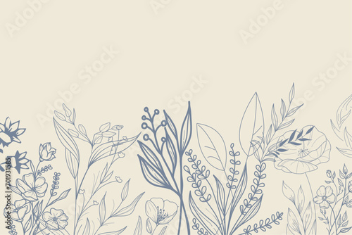 Hand drawn botanical seamless border vector illustration. Greenery meadow thin line art style pattern. Wedding invitation, wall art and card template