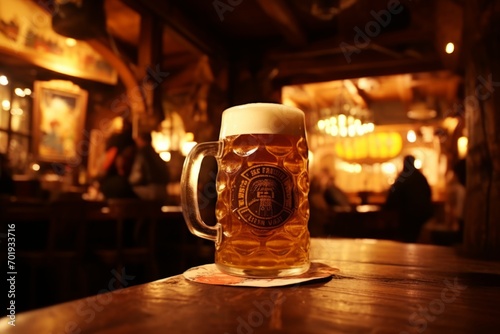 Cold fresh brilliance delicious unbottled craft beer foam mug glass keg beer wooden table bar pub. Brewery alcohol non-alcoholic drink party degustation holiday Oktoberfest Munich hospitable service
