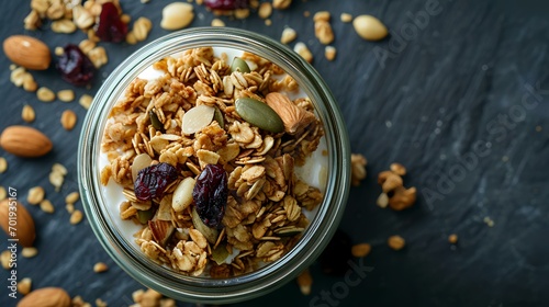 Homemade granola with nuts and dried fruits in a glass jar on a black background.