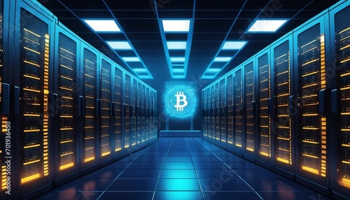 Photo illustration of data bitcoin storage pc server room. Graphic Art. Generative AI