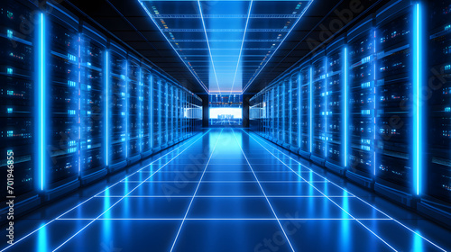 Futuristic data center with rows of servers and blue LED lighting.