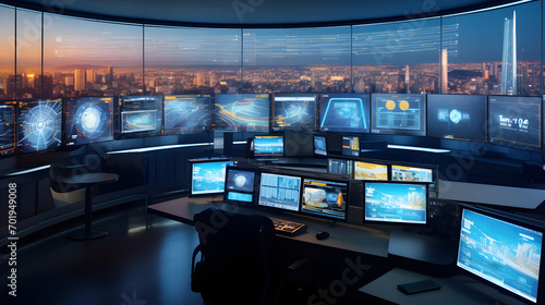 Smart city traffic control center with large screens displaying real-time traffic data and analytics.