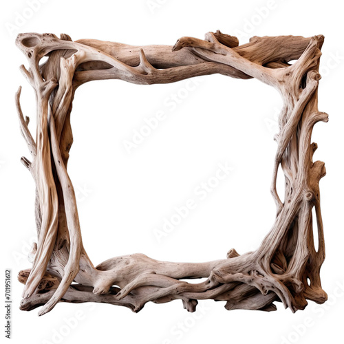 Old rustic square driftwood wooden frame isolated on transparent background.