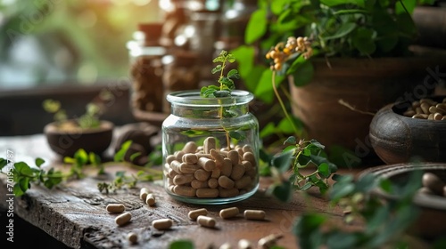 Ashwagandha supplement in plant capsules, medicine of natural origin