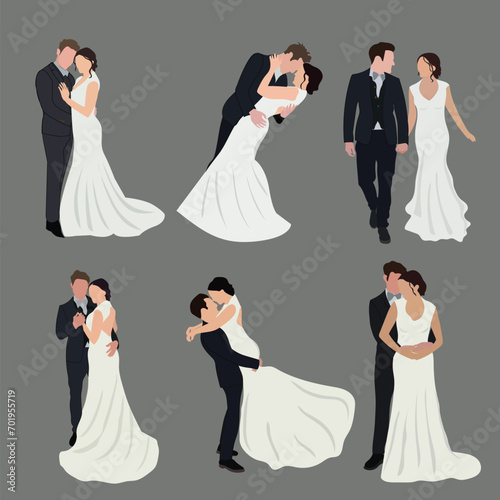Wedding couples. Bride in wedding dress, just married couple and marriage ceremony vector illustration set. Bride and groom Faceless portrait, couple different poses.
