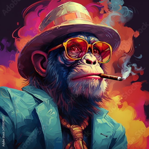 Monkey wearing sunglasses, all captured in a vintage t-shirt design
