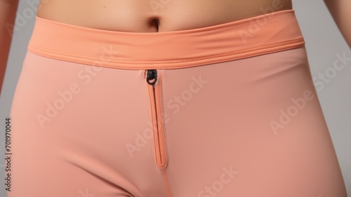 Closeup of a pair of Peach Fuzz yoga pants, made with a comfortable and stretchy fabric and a wide waistband for a flattering and functional yoga or Pilates session.