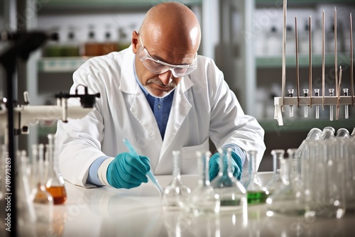 A dedicated chemical engineer works in a laboratory, carefully conducting experiments with diverse substances while wearing safety goggles and a lab coat