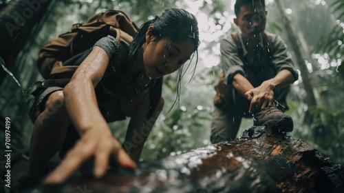 Jungle Challenge: In a low angle shot, an Asian couple attempts to climb over a log in a raining jungle, with the focus on their trekking shoes in this adventurous and challenging trek.