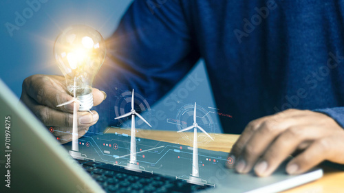 Engineer using AI hologram to monitor the power parameters of a wind turbine generator in real time. Artificial intelligence aids in the analysis and resolution of energy-related issues. Green power