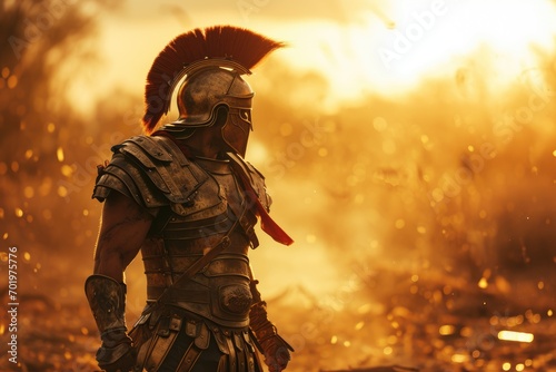 God of Conquest: A Cinematic Scene of Mars, Roman God of War, Clad in Full Battle Armor, Standing Amidst the Battlefield Aftermath, Harsh Sunlight and Sun Flare Emphasizing His Martial Prowess.