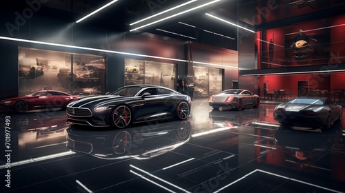 A high-end luxury car showroom featuring sleek and aerodynamic vehicles in a visually stunning setting.