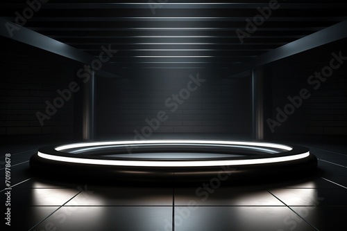 3D realistic vector round scene on a dark background. Black podium for presentations.