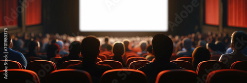 Cinema Experience Blank Wide Screen with Red Chairs and Blurred Silhouettes of Audience in a Movie Hall