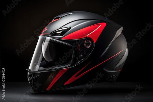 Full face motorbike helmet isolated on white background made of fiberglass Black and red sport touring helmet Modern protective headgear