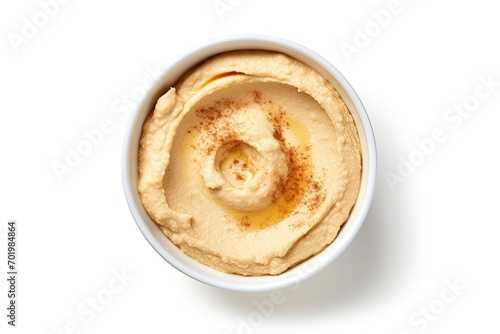 Isolated white background top view of hummus bowl