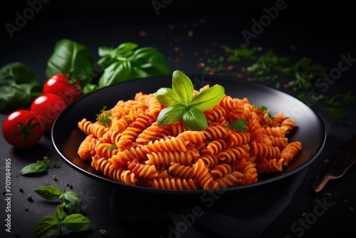 Italian fusilli pasta marinara on dark background with copy space