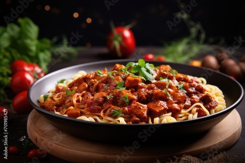 Pasta with meat veggies and tomato sauce
