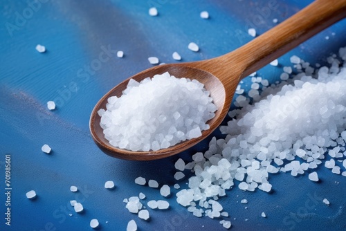Salty background for advertising with coarse salt crystals and a wooden spoon