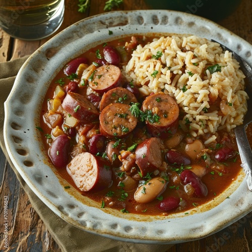aerial view of sausage, red beans and rice in a bowl