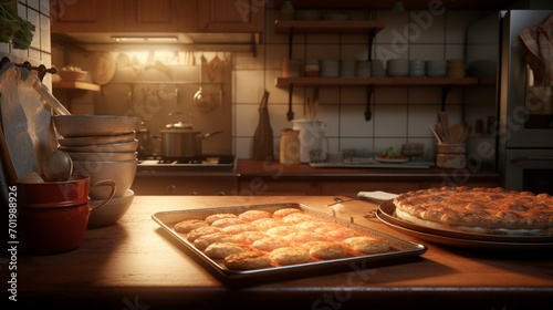 A rendered kitchen scene with a baking sheet full of golden-brown Apfelkuchen zum Erntedankfest just out of the oven.