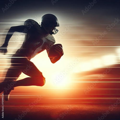American football player running fast with ball, blurred background.