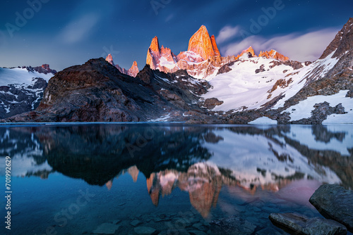 Laguna de los Tres during sunrise, Fitz Roy in beautiful red, perfect reflection in the water, near El Chalten, Patagonia, Argentina 