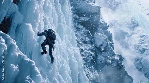 Against a breathtaking icy landscape, an ice climber in a shiny metallic suit tightly hugs a cliff, their crampons firmly lodged in the frozen surface.
