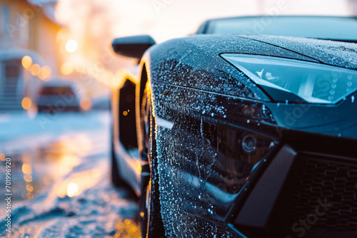 Close-up of a supercar's grille with frost patterns under the cold morning light