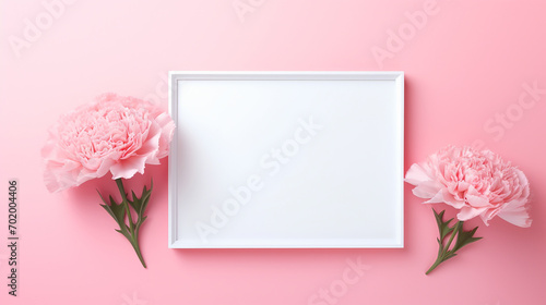top view of pink background with carnation with white frame