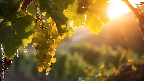 A tender grapevine shoot ascends in a vineyard, glistening with dew in the crisp sunrise