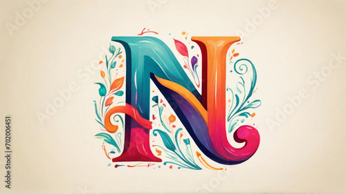 A playful and whimsical "N" letter logo with a hand-drawn feel, featuring vibrant colors and a mix of serif and sans-serif fonts | English alphabet | English Letters