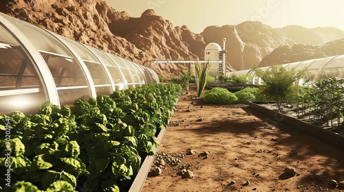 Agricultural activity on Mars illustrated, showcasing the potential for life and cultivation on the Red Planet. A vision of interplanetary farming. Generative AI