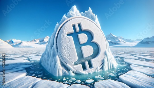 Frozen Bitcoin: Cryptocurrency Concept with Iceberg and Arctic Landscape