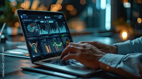 A financial hacker engaged in deep technical analysis on a laptop, exuding an aura of mystery and expertise. A portrayal of clandestine skill. Generative AI
