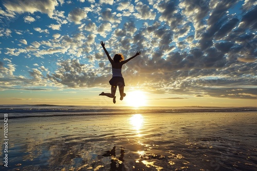 A successful woman leaps joyfully on the beach at dawn, her arms open wide to the rising sun, celebrating her achievements and the promise of a new day.