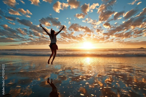 A successful woman embraces the early morning light on the beach, her leap an expression of the exhilaration and satisfaction of reaching her personal summit.