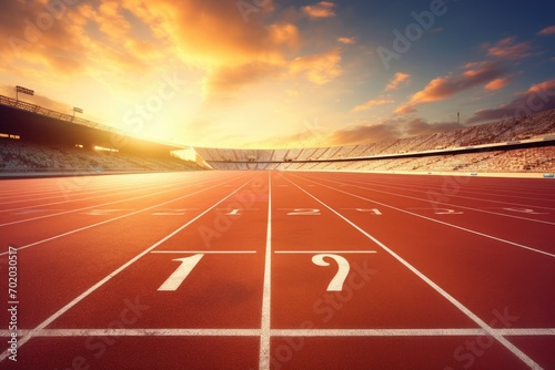 Athletics Track and Field with Blue Sky Background, 3D Rendering, Athlete running track with number on the start in a stadium, AI Generated
