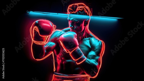 Male boxer punches in a neon lens sign.