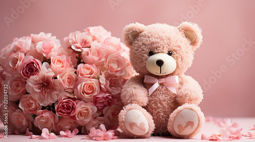 Pink Valentine's Day Teddy Bear with Flower Bouquet - on Textured Pastel Feminine Background with Vintage Aesthetic - Copy Space