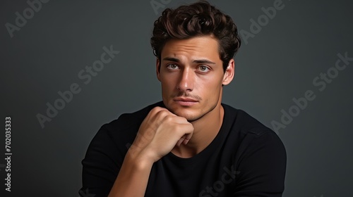 Contemplative young man isolated on gray background