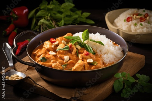 Chicken curry with rice and vegetables in a pan on a dark background, Chicken and cashew red curry with rice and herbs, AI Generated