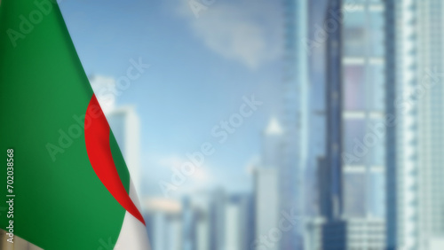 flag of Algeria on modern city buildings bokeh backdrop for any holiday - abstract 3D rendering